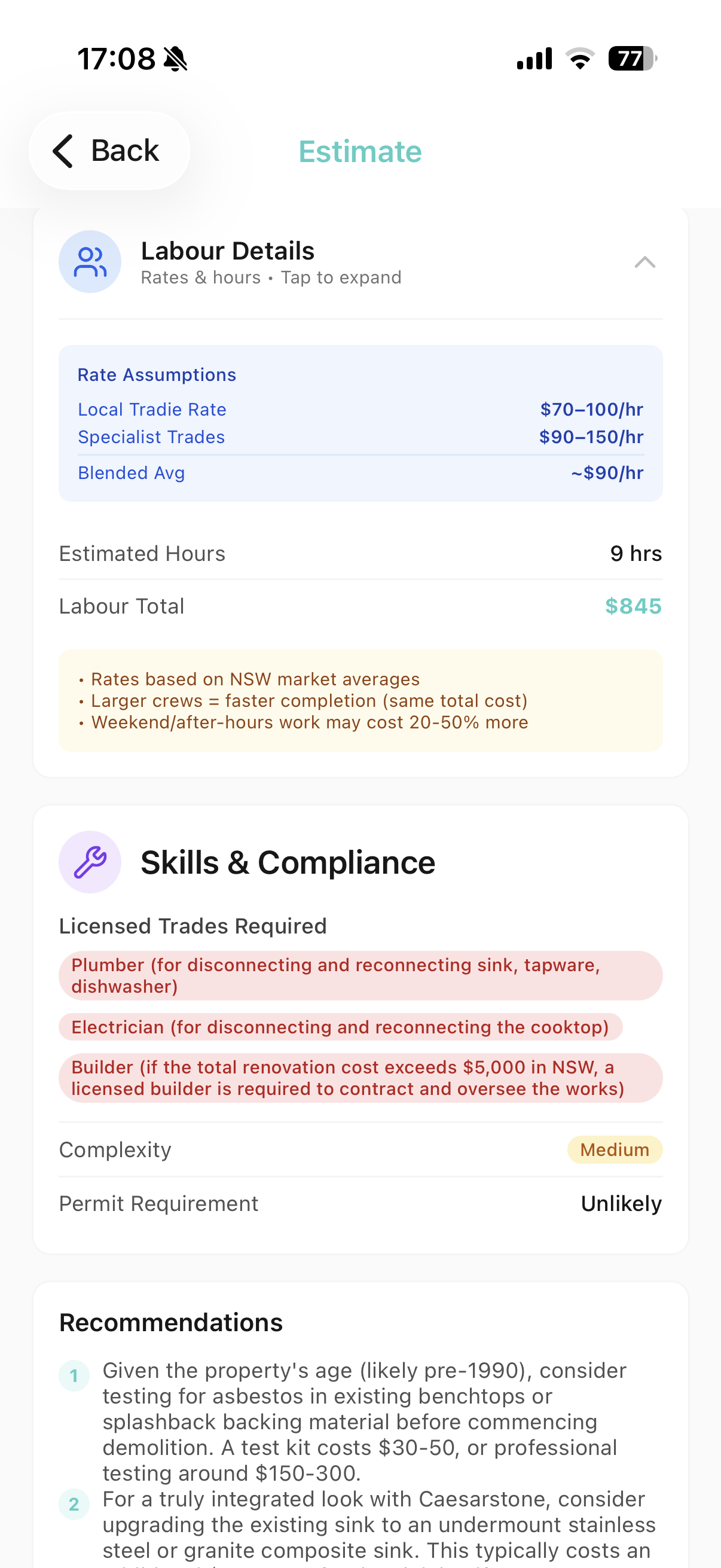 Labour details, compliance checks and recommendations